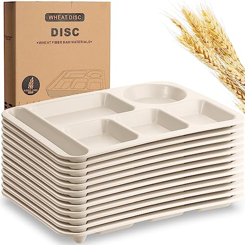 Pinkunn 12 Pcs 14'' Large Divided Plates Unbreakable Wheat Straw Lunch Trays 6 Compartments Cafeteria Trays Microwave Dishwasher Safe Food Separator Plates (Beige) - color: Beige