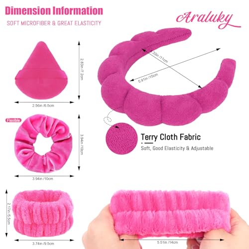 7Pcs Puffy Spa Set: Terry Cloth Headband, Wristbands, Scrunchies, Powder Puffs, and Sponges for Skincare, Face Washing, and Makeup Removal - Rose - color: Rose