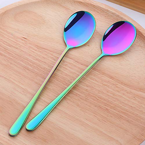 Buyer Star 5-pieces Rainbow Dinner Table Spoons 8-Inch Stainless Steel Metal Korean Soup Spoons - color: Rainbow