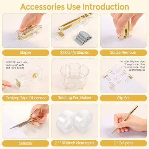 SKYDUE Gold Office Supplies Set with Pencil Holder for Desk - color: Gold