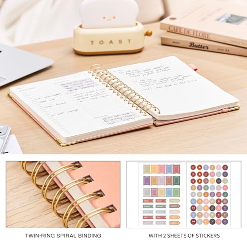 Ovesmusl Undated Daily Planner - 126 Days Hourly Schedule & To Do List - A5 PU Leather Hardcover Spiral Notebook planner with stickers, Metal Corner Protectors & Back Pocket for Work & School, Pink - style: Pink