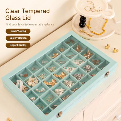 Frebeauty 35 Grid Earring Organizer,Velvet Jewelry Tray with Clear Lid - color: Turquoise, size: 35 Grid
