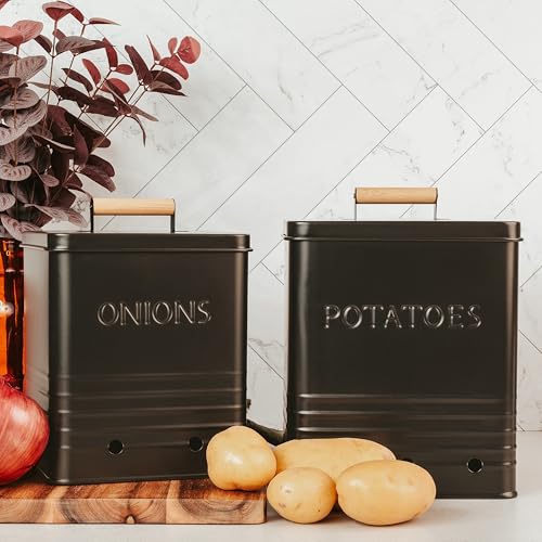 Beautiful Potato and Onion Storage Container Set - Food Safe Metal Bins - color: Black