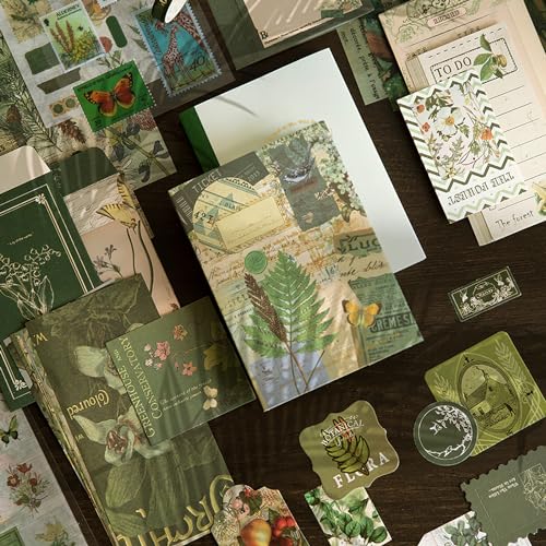 Draupnir Scrapbooking Supplies Kit,Vintage Botanical Aesthetic Scrapbook Kit for Junk Journal, Stationery,Bullet A6 Grid Notebook DIY Scrapbook Birthday Craft Gift for Teen Girl Kid Women - color: Forest