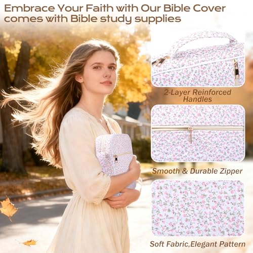 XKDOUS Bible Cover Case for Women Bible Bag Journaling Kit w/Study Supplies - color: Pink Flowers, size: Large