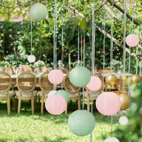 Sage Green Pink Paper Lanterns Decorative 12pcs Wedding Hanging Decorations for Bridal Shower Birthday Rustic Party Neutral Baby Shower Sage Green Home Decor - color: sage green,pink,gold,white
