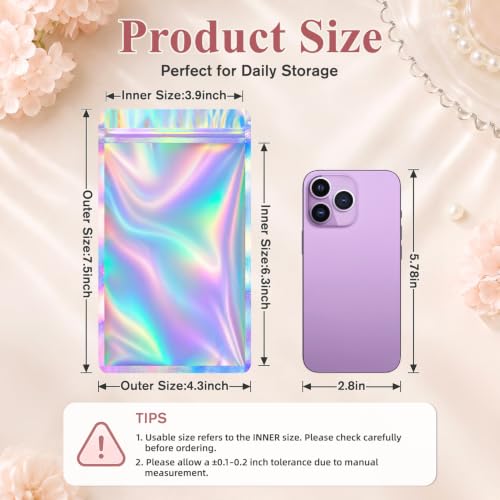 Funfery 100 Pcs Resealable Clear Holographic Bags,Smell Proof,4.3x7.5in - color: Holographic, size: 4.3x7.5 inch