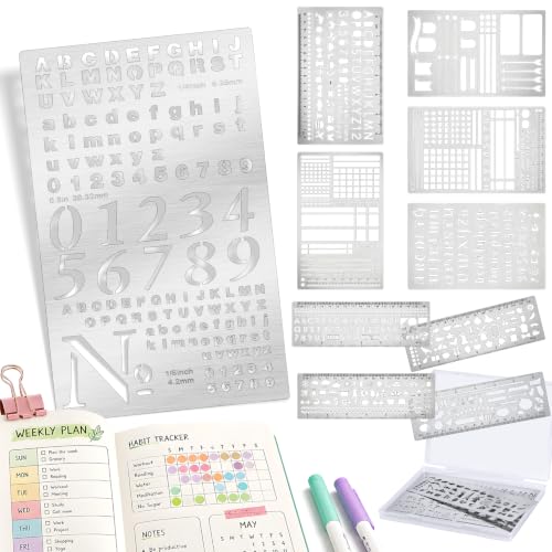 10Pcs Metal Planning Stencils, Bullet Journal Stencil, Ruler Stencil for Journaling with Case – Bullet Journal Weekly/Monthly Planning, Daily Task Tracker, Drawing Straight Lines