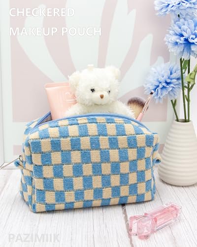 Checkered Makeup Bag for Purse, Small Travel Cosmetic Pouch,Blue Beige - color: Blue Beige