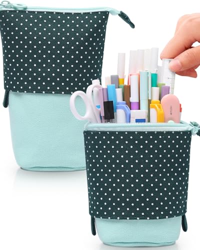 Sooez Standing Pencil Case, Cute Stand up Pencil Pouch, Telescopic Pen Bag - color: Green