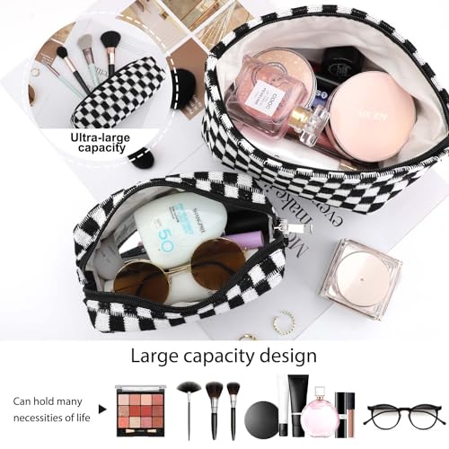 EIMMBD Makeup Bag 3 Pieces Large Capacity Checkered Cosmetic Bags Travel Toiletry Bag Organizer Cute Makeup Pouch Storage for Women(Black) - color: Black