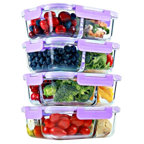 Glass Meal Prep Containers 2 & 3 Compartments with Lids 4 Pack 32 oz - color: Lavender (2,3 compartment - 4 pack, 32oz)