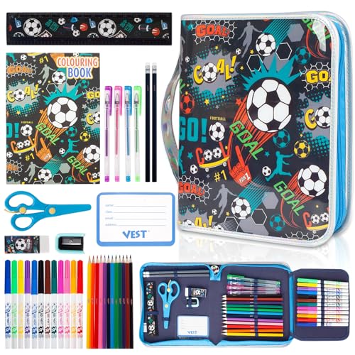 Washable Markers Set with Glitter Pencil Case, Art Supplies for Kids Ages 4-6-8, Arts Crafts Travel Coloring Kit for Boys 4 5 6 7 8 Year Old Birthday Gifts - color: Soccer