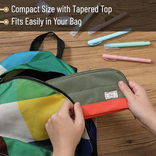 Mr. Pen- Wide-Opening Pencil Case, Triangle Design - color: Olive Green & Orange