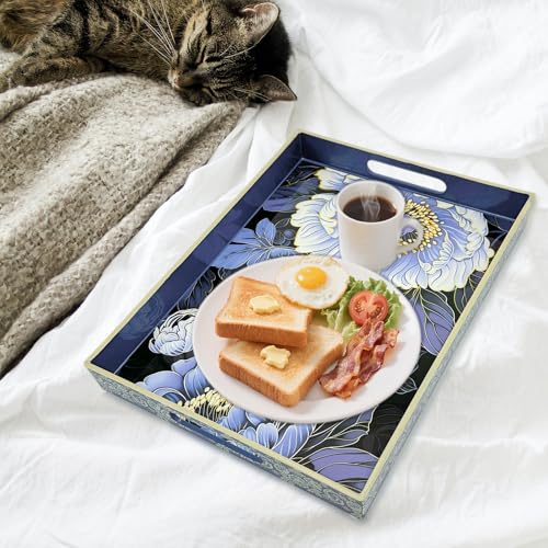 Serving Tray with Handles, 15.7 * 11.8 inches, Plastic Ottoman Tray with Exquisite Paintings, Trays for Coffee Table - color: Blue Peony