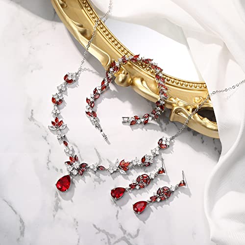 BriLove Wedding Jewelry Set for Women, Y-Necklace Tennis Bracelet Dangle Earrings with AAA Cubic Zirconia Teardrop for Bridal Bridesmaid - color: Ruby Color Silver-Tone