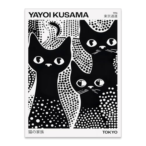rumlud Cute Black Cat Poster Japanese Yayoi Kusama Wall Art Trendy Animal Canvas Prints for Bedroom Dorm Wall Decor Cat Lover Gifts 12X16 inch Unframed - color: Trendy 5-Unframed, size: 16"L x 12"W