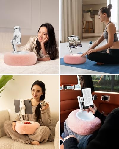 Viozon Tablet Stand Pillow, Compatible with 4.7"-13" Phone/Tablet, iPad, iPhone, Samsung, Google, Kindle, 360°Adjustable Phone Holder for Bed with Soft Plush Fabric, and Detachable Bowl, Pink - color: Pink