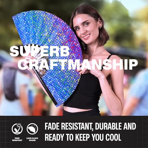 SoJourner Bags Rainbow Lights Rave Fan - Large Folding Clack Fan for Men and Women - Rave Accessories for EDM, Line Dancing, Cosplay, Concerts and More - color: Rainbow Lights
