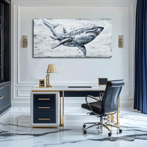 Modern Art Wall Decor Shark Wall Art Nature Seascape Poster Prints Framed Coatal Artwork for Living Room Bedroom Office Decoration 24"x 48" - color: Shark, size: 48"L x 24"W