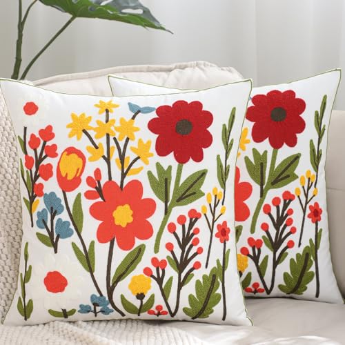 LUOYEHK Embroidered Throw Pillow Covers 18x18 Inch Set of 2 Spring Flowers Decorative Pillow Cover Summer Boho Floral Cushion Pillowcase for Couch Sofa Bed Living Room - color: Orange Red Flower