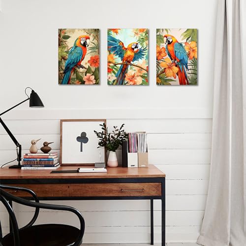 GLOKAKA Set of 3 Parrot Wall Art Colorful Parrot on Branch with Tropical Leaves Painting Pictures Wall Decor Colorful Birds Artwork for Living Room Bedroom Bathroom Decor - color: Parrot Artwork-02, size: 16"L x 12"W