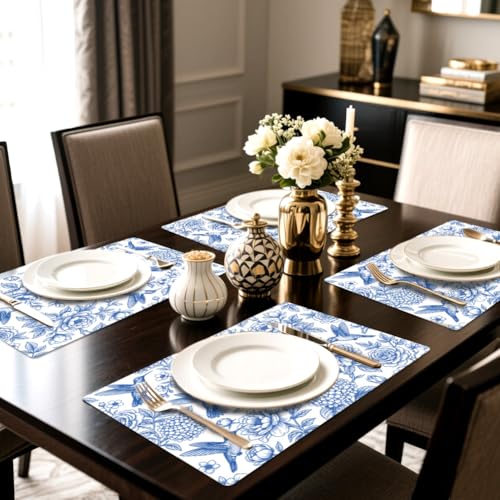 Peacoblue Placemats Set of 4,Faux Leather Blue Bird and Flowers Design - style: Blue Bird and Flowers