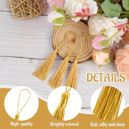 100 Pcs Bookmark Tassels Bulk Gold Soft Craft Silky Handmade Mini Tassels for Jewelry Making with Loops for DIY Craft Accessory Dress Decoration - color: Gold