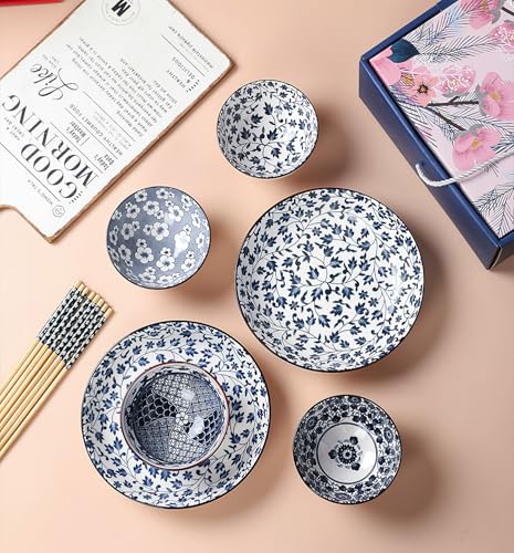 Ceramic Plates and Bowls Set, Japanese Style Dinnerware Set with Gift Box - Blue and White - 4 Rice Bowls and 2 Pasta Bowls - Kitchen Gifts for Women (Blue and White) - color: Japanese B (4 bowls+2 plates)