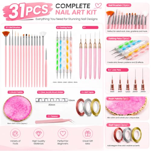 31Pcs Nail Art Brush Set with Liner Brushes, Dotting Tools & Resin Palette - size: Style B