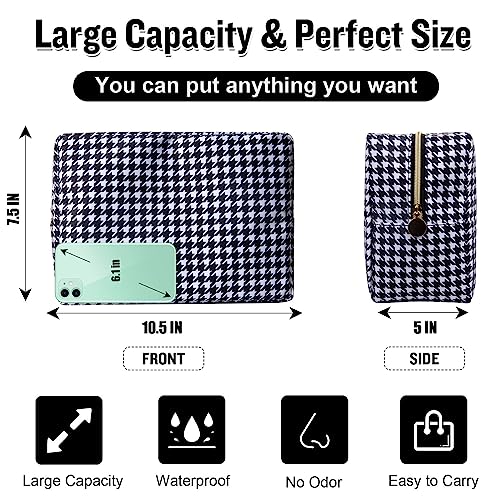 Nylon Large Makeup Bag Black Houndstooth Travel Pouch for Women, Big Preppy Makeup Bag Cute Cosmetic Zipper Pouch Purse, Waterproof Toiletry Bag Clutch Makeup Organizer for Girls(Black Houndstooth) - color: Black Houndstooth, size: Large