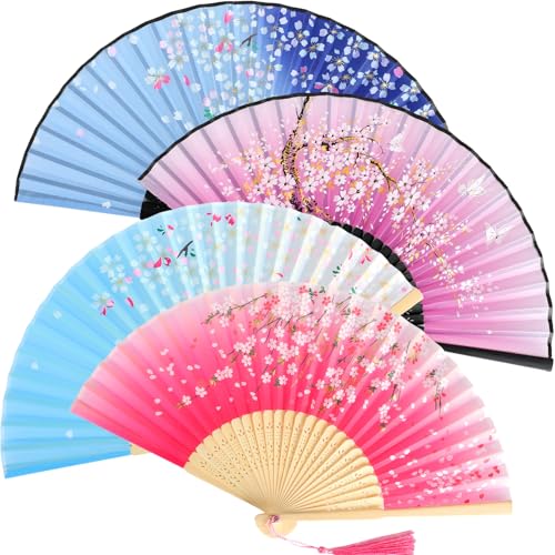Zonon 4 Pack Handheld Folding Fans Silk Bamboo with Tassel Hollowed,Chic - style: Chic