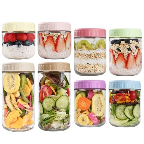 SHOWIN Overnight Oats Containers with Lids, Glass Jars with Lids 8 pcs, Wide Mouth Mason jars for Salad, Yogurt, Snacks, Meal Prep - color: Multicolor, size: 10&16oz&24oz-8pc