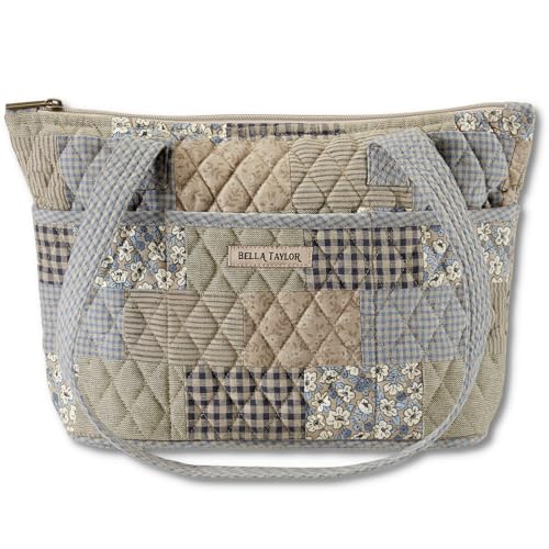 Bella Taylor Small Tote, Quilted Shoulder Bag for Women - color: Khaki Patchwork