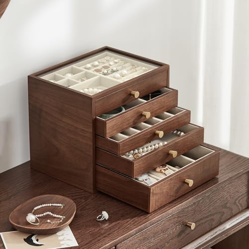 Black Walnut Wooden Women Jewelry Box with Glass Lid, 5 Layer - style: 5 Layer