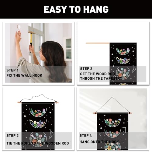 PLIGREAT 2 Pack Floral Moon Tapestry with Tassels, 52" x 13" Moon Phase Aesthetic Wall Hanging Vertical Home Art Tapestry for Bedroom Living Room Bathroom Long Narrow Wall Hanging Art Decor - color: black,green