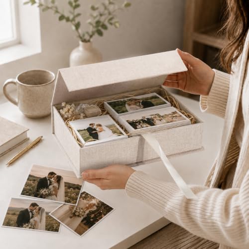 Vienrose Linen Photo Storage Box, 8"x10", Postcard Keeper, Beige - color: Beige, size: 8"x10"