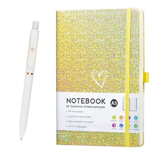 HJWKJUS Bling A5 Notebook with Pen, Lined Journal Notebook A5 Notepad for Girls Women,Cute Heart Pattern Design Glitter Laser Diary College Ruled Hardcover Notebook for Work, Note Taking, Business (Yellow) - color: Yellow