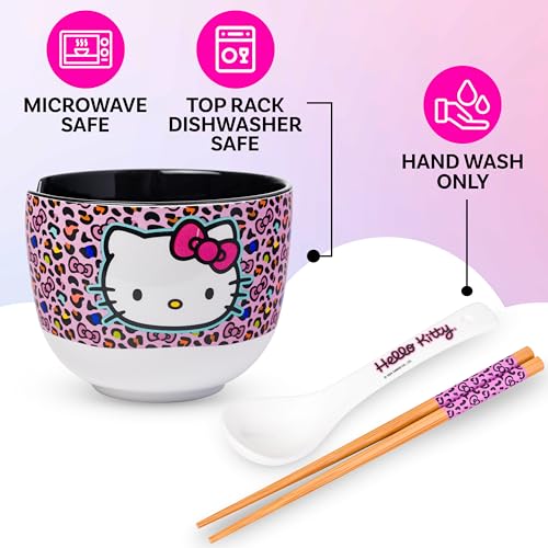 Silver Buffalo Sanrio Hello Kitty Leopard, Ramen Bowl with Chopsticks, 20oz - color: Hello Kitty Pink Leopard Print Spoon, size: 20 Ounces (With Spoon)