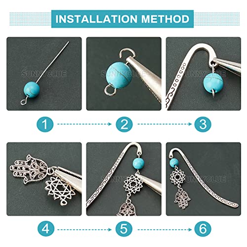 SUNNYCLUE DIY 6 Set Leaf Metal Hook Bookmarks Making Kit 6pcs Leaf Tibetan Style Alloy Bookmark with Feather Moon Sun Lotus Alloy Pendants & Turquoise Beads for DIY Book Marks Making - color: Diy 6 Sets Magic Hook Bookmarks Antique Silver