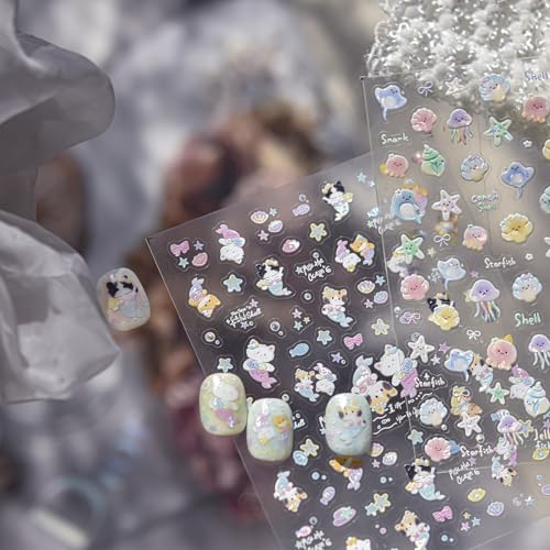 5D Embossed Under The Sea Stickers for Nail Art Jelly Fish Self-Adhesive Nail Art Decals for Women Nail Supplies Art Design Stickers (to5111) - style: to5111