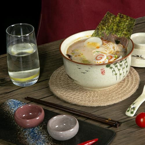 Ceramic Ramen Bowl Set Ramen Noodle Bowl with Lid 27oz Japanese Retro Style Soup, Pho, Udon Bowls, Matching Spoons and Chopsticks for Microwave & Dishwasher Safe, Twig - color: Twig, size: 1 PC