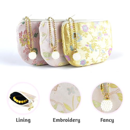 Handmade Women Coin Purse Brocade Zipper Wallet Rosary Pouch Silk Jewelry Bag - LightPink - color: LightPink