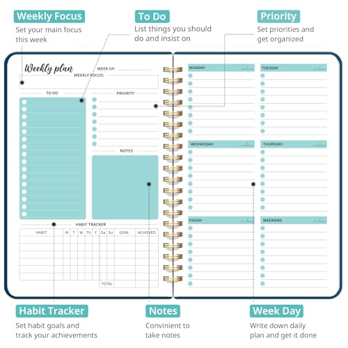 Taja Undated Weekly Planner, To Do List Notebook with Habit Tracker, A5 - color: i.Navy