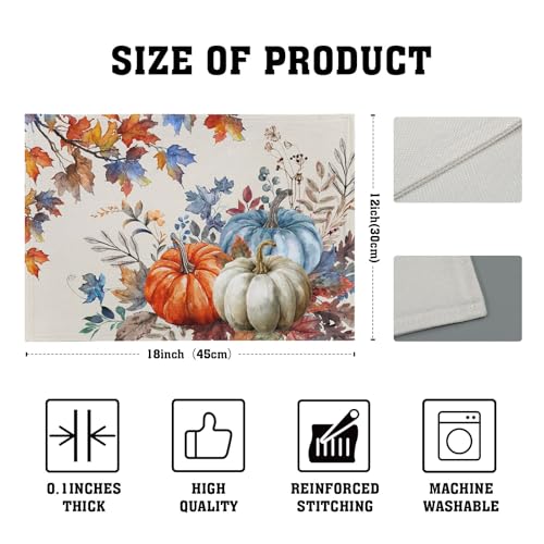 Fall Placemats Set of 4, 12 x 18 Inch Blue and Orange Pumpkin Fall Maple Leaves Washable Heat Resistant Rectangle Place Mat Thanksgiving Decor Table Mats for Seasonal Kitchen Dining - color: Blue Orange Pumpkin