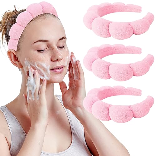 WHAVEL 3 Pack Spa Headband Skincare Headbands, Makeup Headband Sponge Terry Cloth Headbands Face Wash Headband Puffy Hair Band for Washing Face Women Girls (Pink) - color: Pink