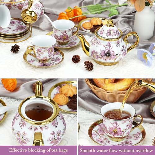 20 Pcs Porcelain Tea Set With Metal Holder,for 6 People,23.7ozTeapot