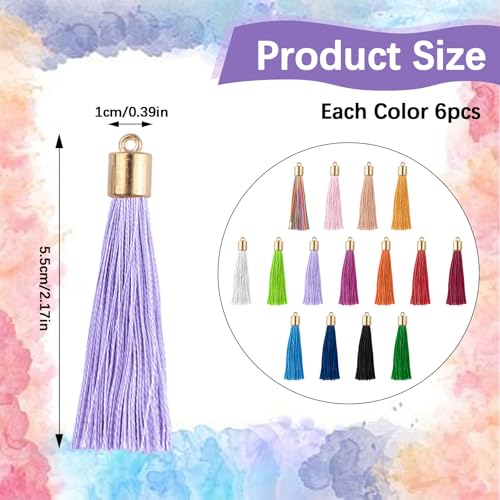 Mini Tassels Charm, 90pcs Metal Caps Mixed Color Mini Tiny Handmade Craft Tassels Charms for DIY Jewelry Necklace Making Accessories - color: 15 Colors-5.5cm