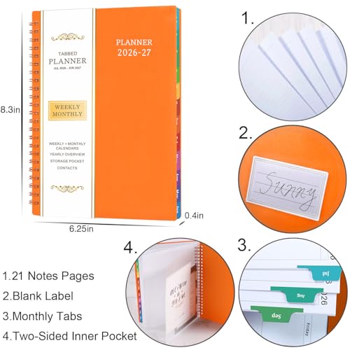 Planner 2026-2027 - Academic Planner 2026-2027,Planner Weekly and Monthly with Tabs, JULY 2026 - JUNE 2027, 6.25" × 8.3", Strong Twin-Wire Binding - color: Orange