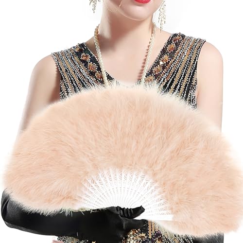 BABEYOND 1920s Marabou Feather Folding Hand Fan - color: Darkchampagne